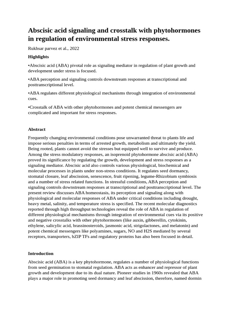 Abscisic Acid Signaling and Crosstalk With Phytohormones in Regulation ...