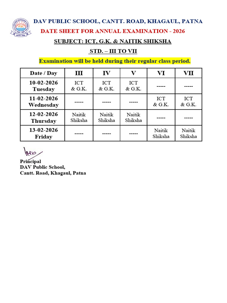 Date Sheet of Annual Exam 2026 For Std-III To Vii Subject-Ict-Gk-Ns | PDF