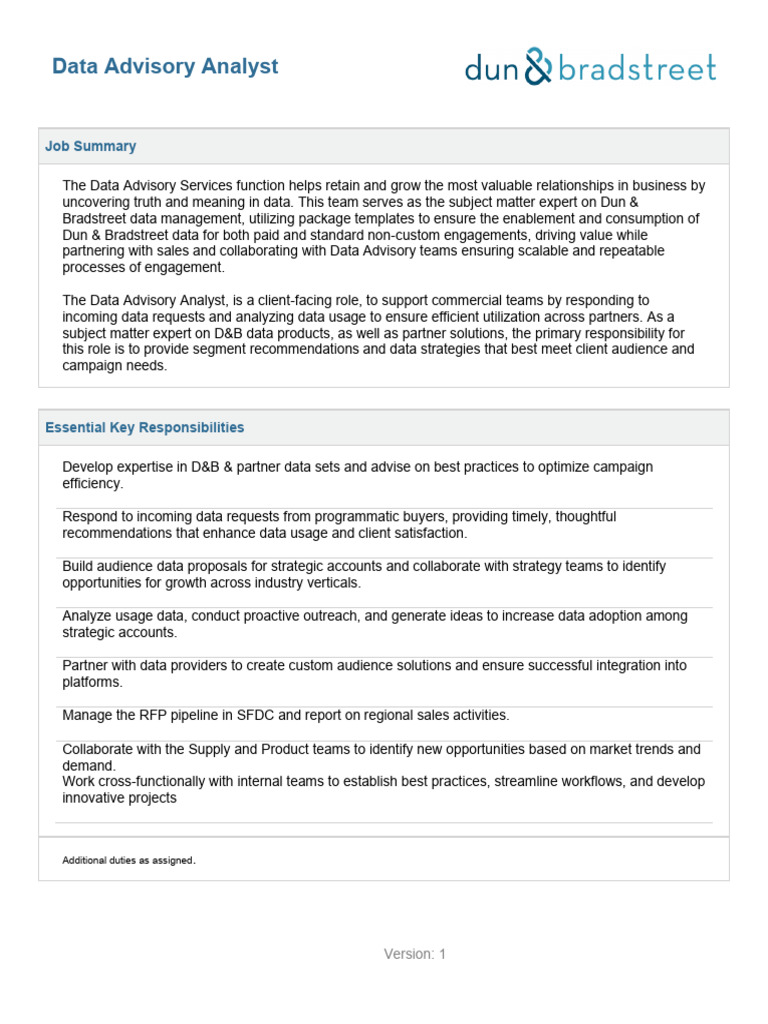 Data Advisory Analyst - JD | PDF | Data | Communication