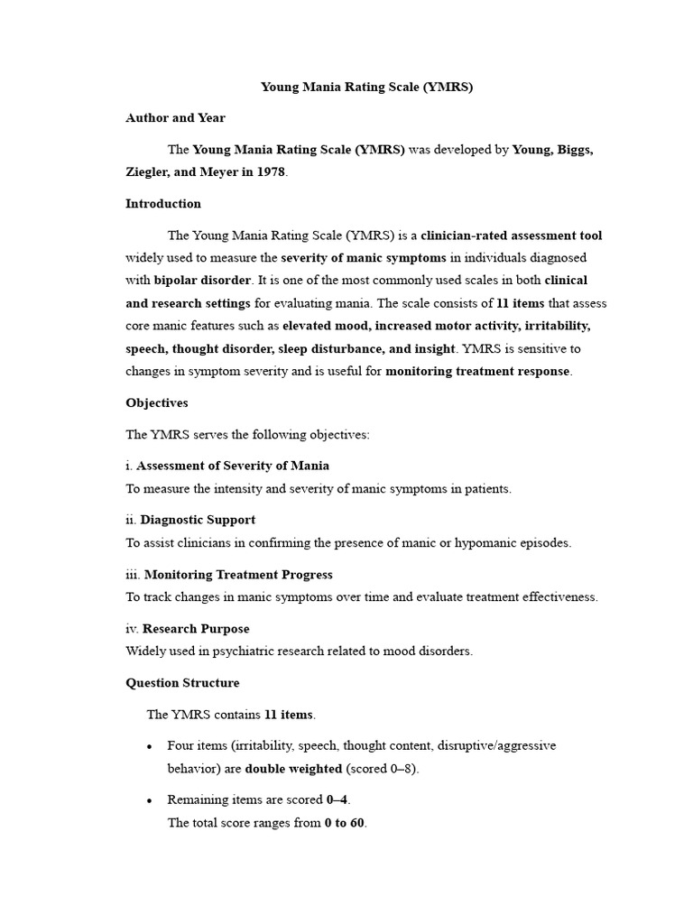 Young Mania Rating Scale Final | PDF | Mania | Mood Disorders