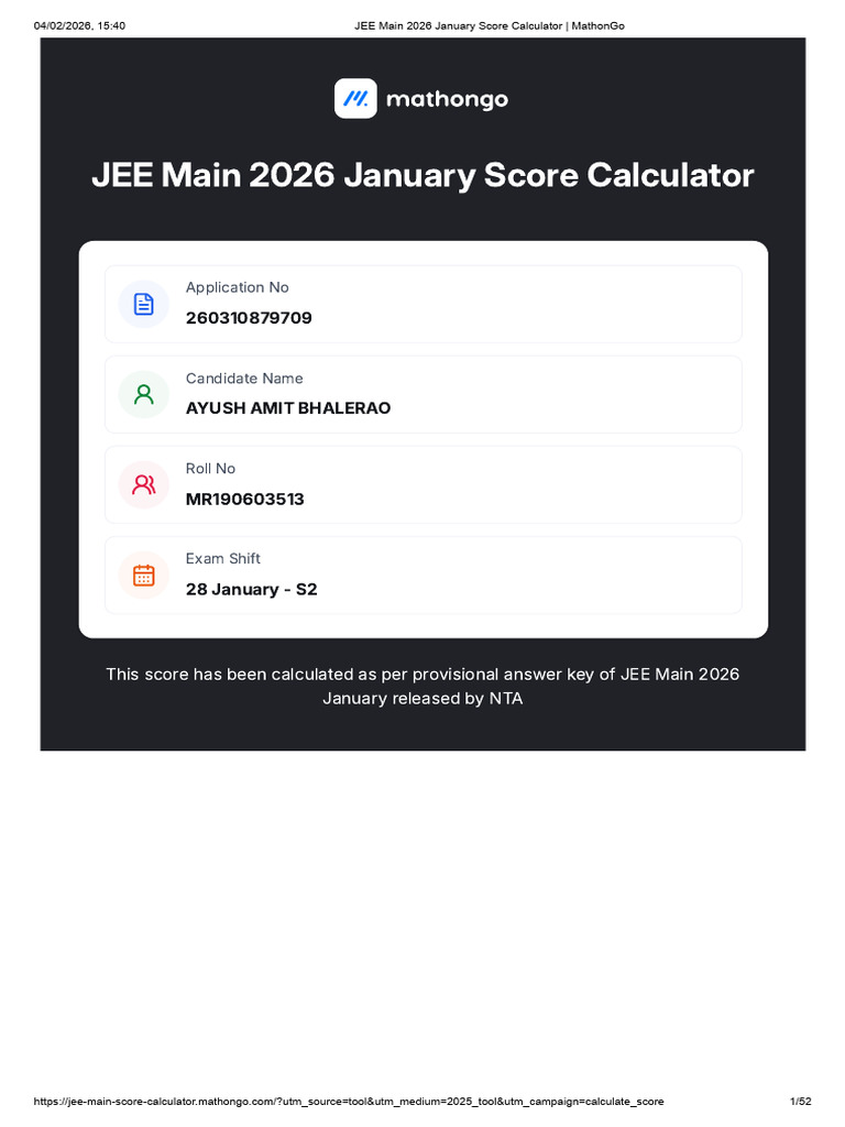 JEE Main 2026 January Score Calculator - MathonGo | PDF ...