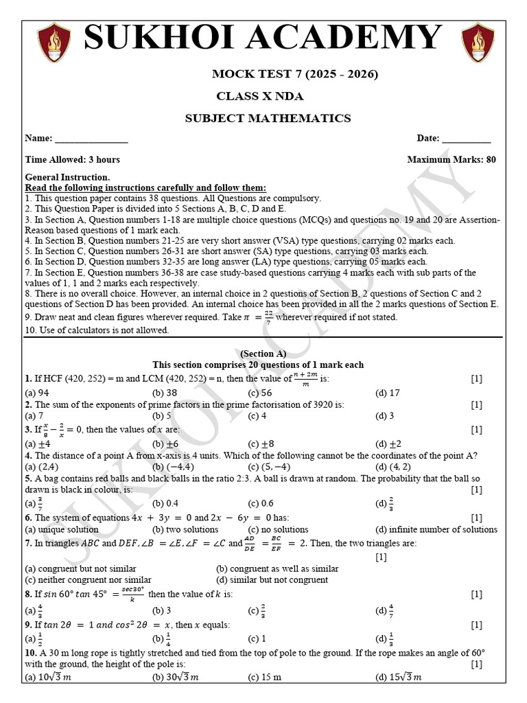 Class X Mathematics Mock Test 7 (2025 - 2026) | PDF | Circle | Triangle
