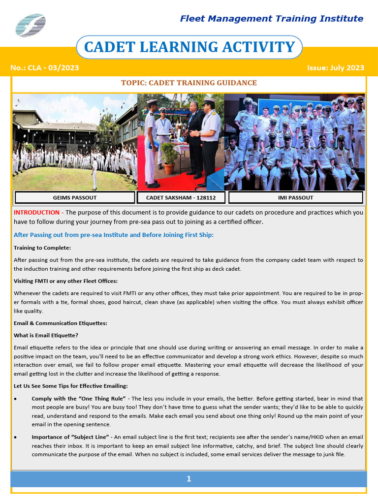 2023 03 Cla Cadet Training Guidance 1 | PDF | Water Transport | Shipping