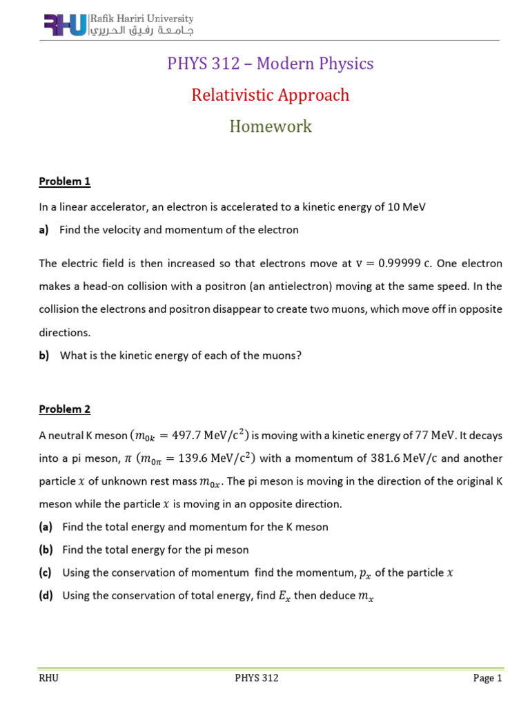 Phys312 HW Relativity | PDF