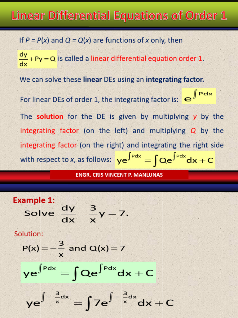 Em 2a1 Notes4 (Linear D.E. of Order1) 1 | PDF | Mathematics | Equations