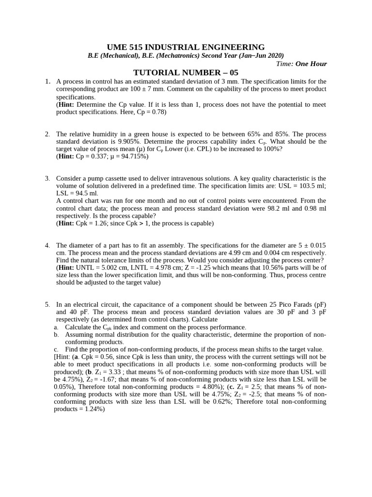 Tutorial Sheet 05 - UME 515 Industrial Engineering | PDF