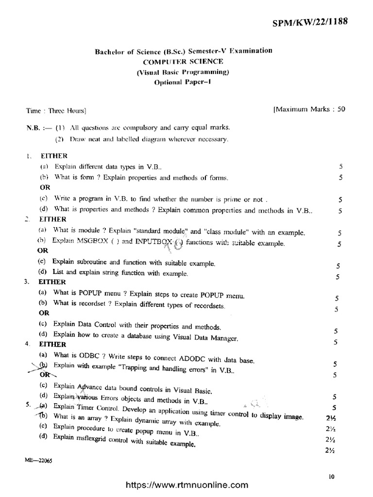 Bsc 5 Sem Visual Basic Programming 1188 Winter 2022 | PDF