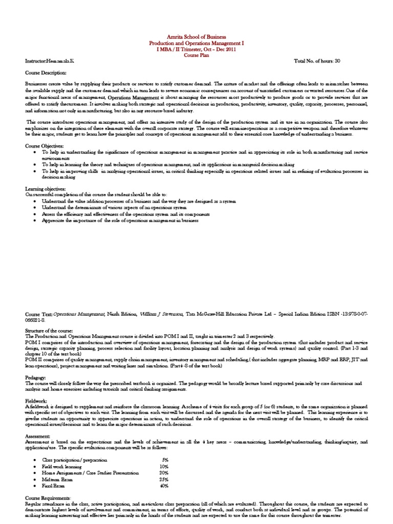 Production and Operations Management I Course Plan | PDF | Operations ...