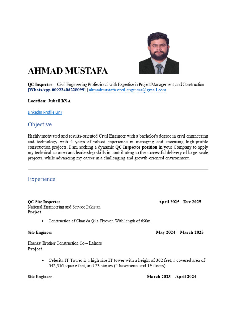 QC Inspector - Engrt - Ahmad - Curriculum Vitae 1 | PDF | Project ...