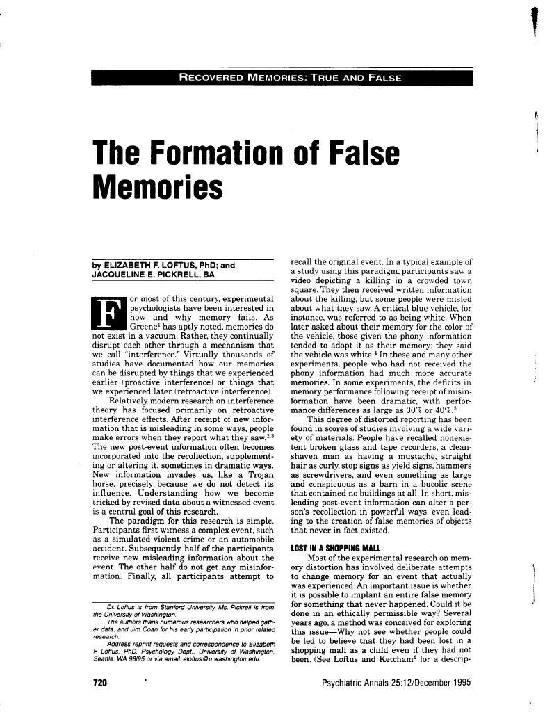 Loftus and Pickrell The Formation of False Memories PDF Mental Processes Neuropsychology