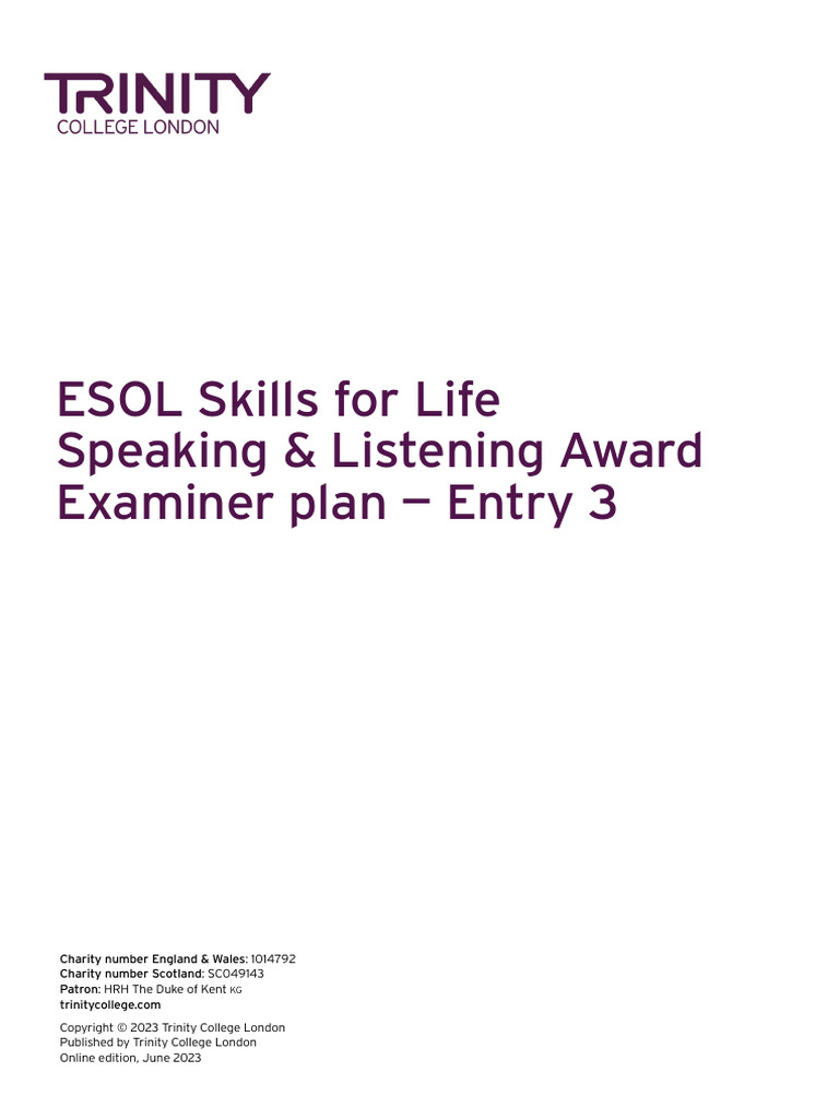 ESOL Skills For Life Speaking & Listening - Entry 3, Examiner Plan ...