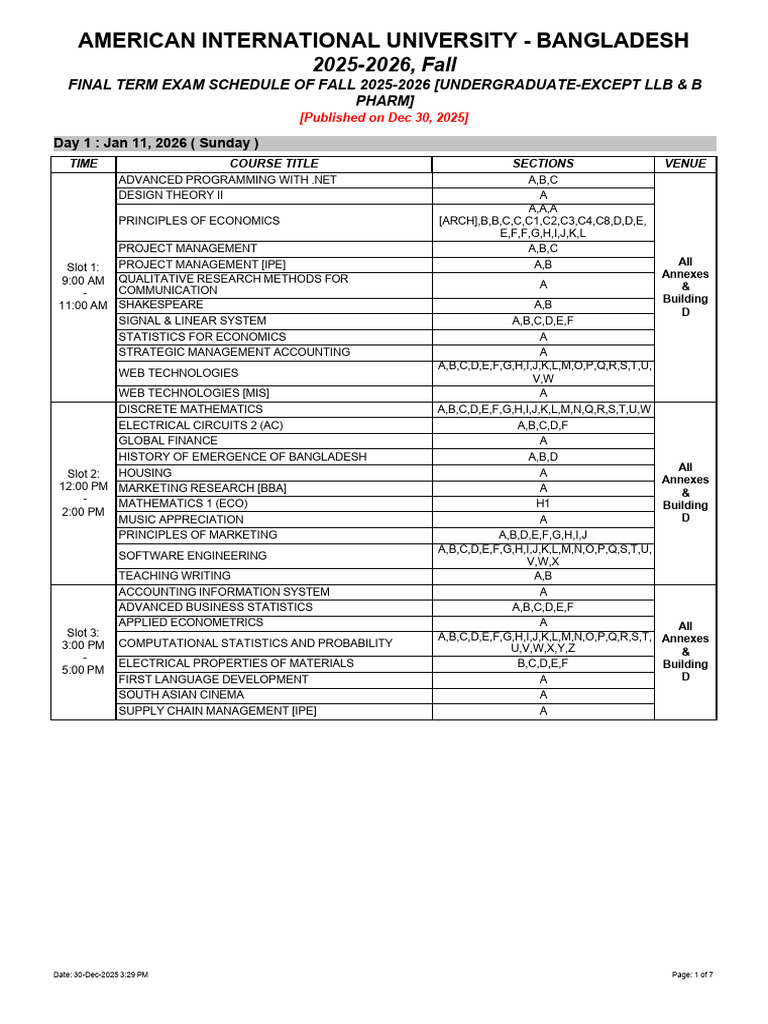 Final Term Exam Schedule of Fall 2025 2026 (Undergraduate Except LLB ...