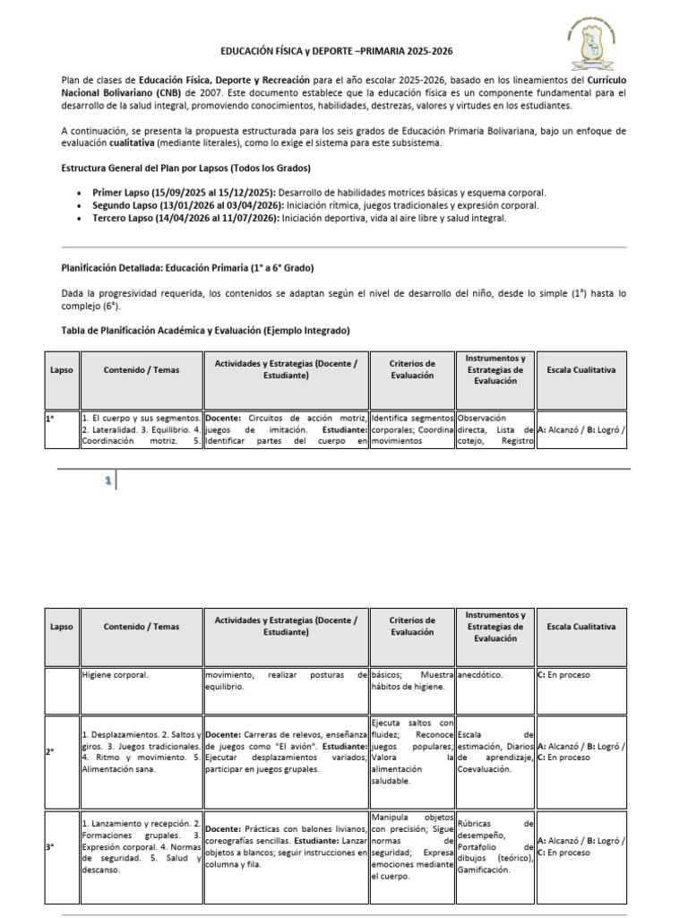 Plan de Clases de Educación Física - PRIMARIA - 2025-2026 | PDF ...