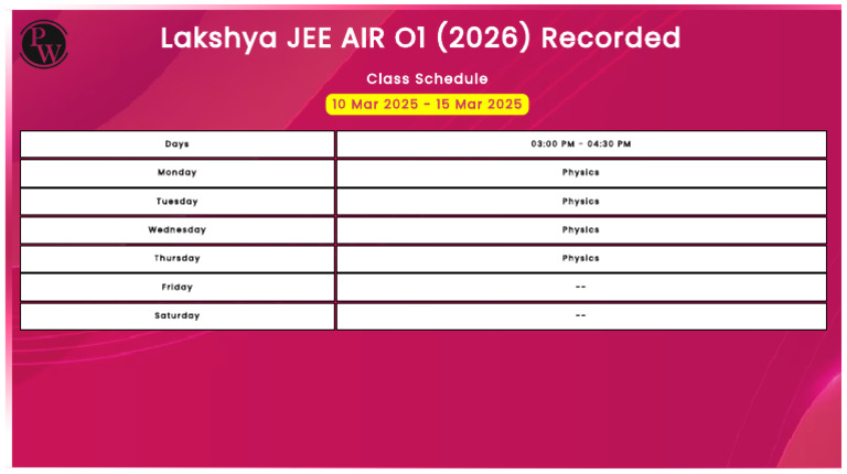 Lakshya JEE AIR O1 (2026) Recorded - Class Schedule | PDF