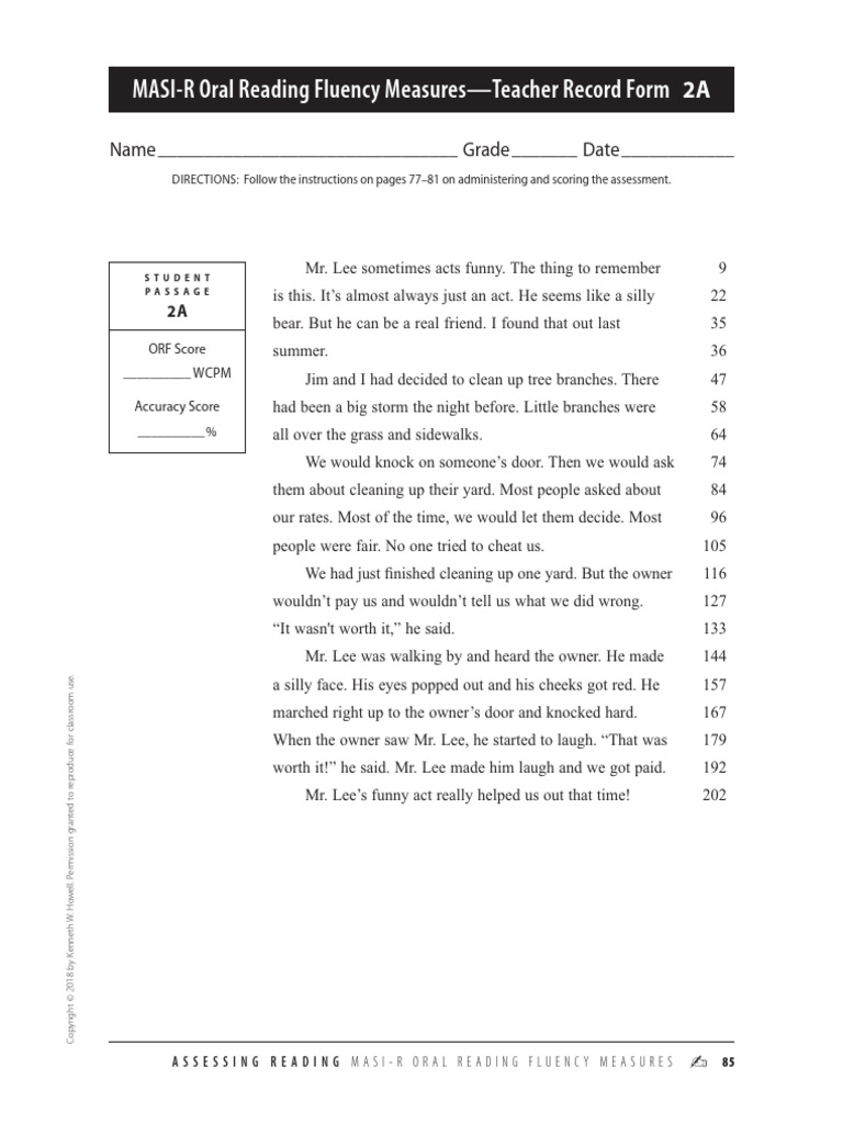 CORE Oral Reading Fluency 2A-2C | PDF