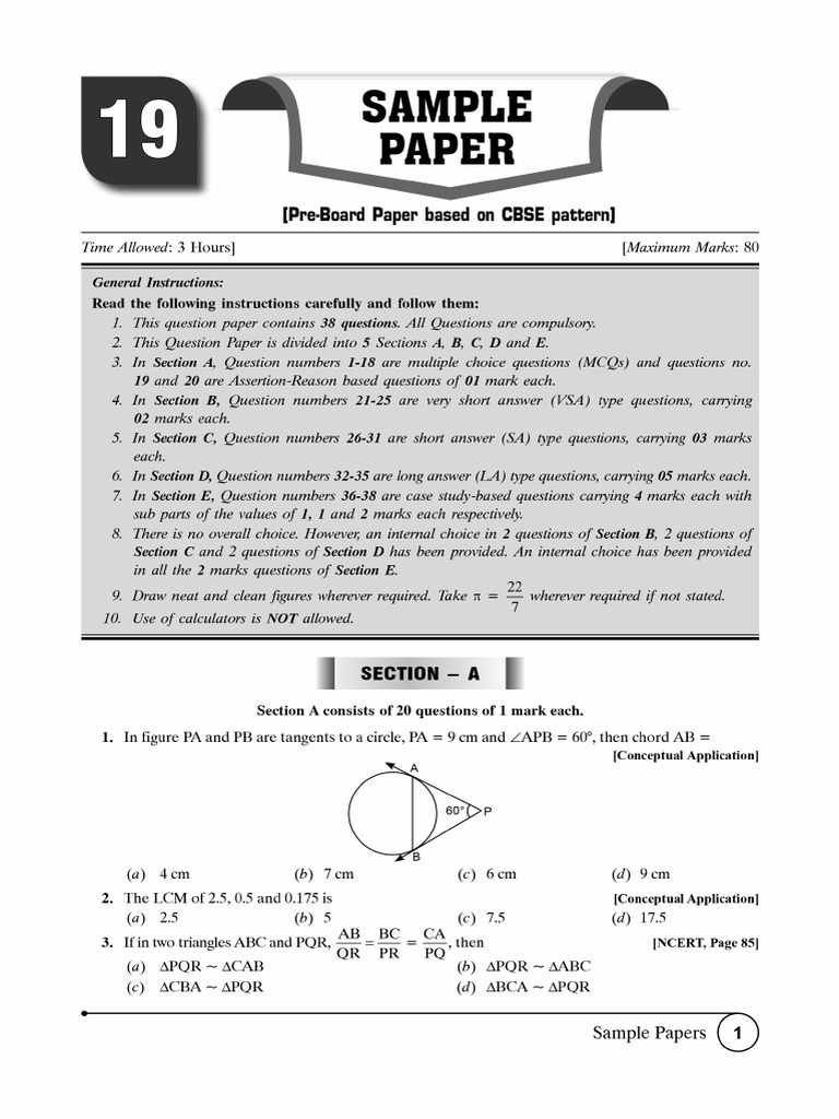 Cbse Cl10 Ead Mathematics 2026 Edition Pre-Board Paper 19 | PDF