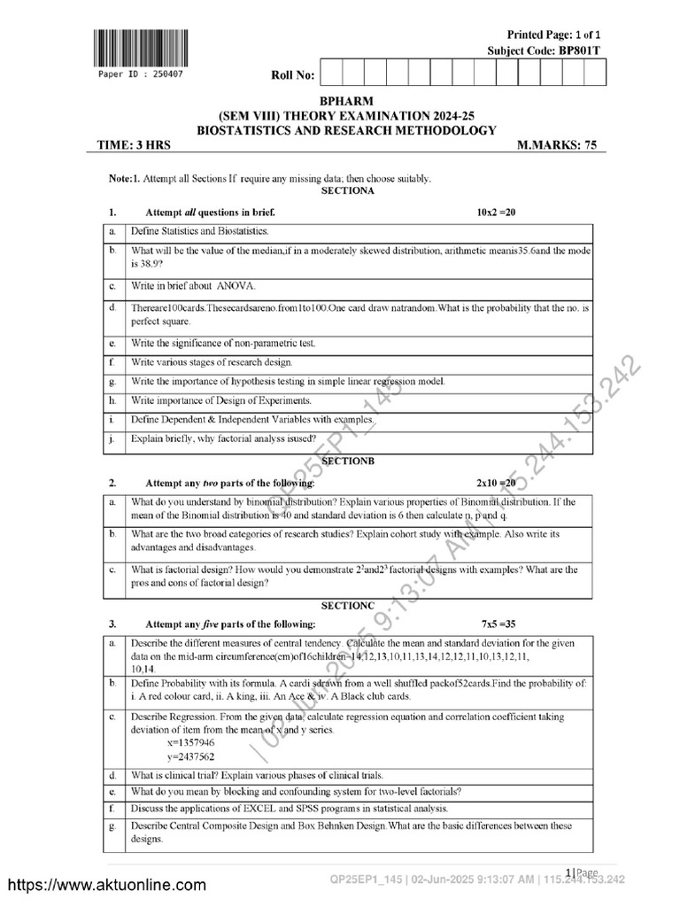 Bpharm 8 Sem Biostatistics and Research Methodology Bp801t Jun 2025 | PDF