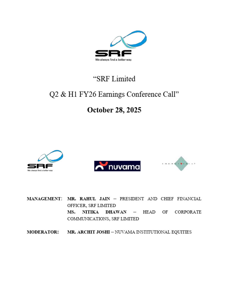 SRF Limited Q2 H1 FY26 Concall Transcript | PDF | Innovation | Supply Chain