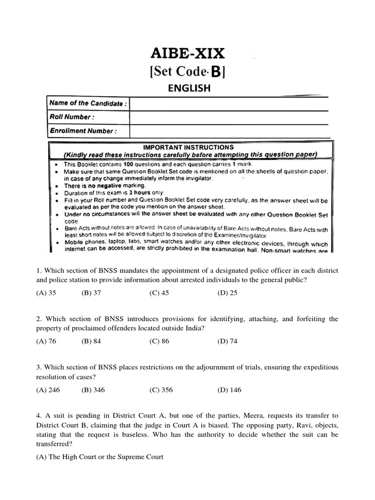 AIBE 19 Question Paper Set B Cc1c3c656be33354dfd01928d0fff693 | PDF ...