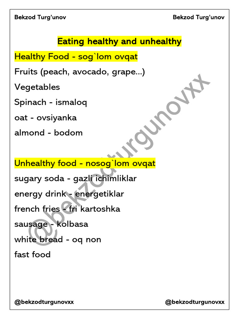 Eating Healthy and Unhealthy 1 | PDF | Healthy Diet | Foods
