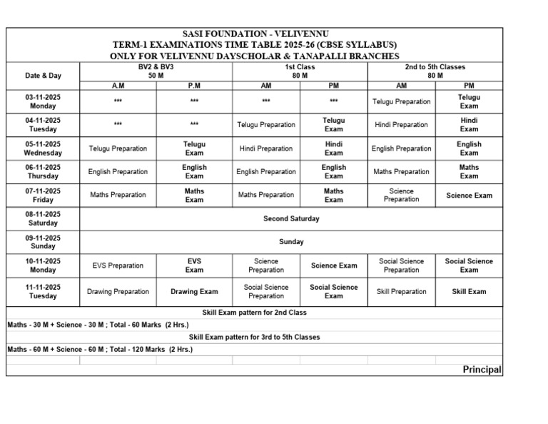 Bv2 To 5th Class Cbse Term - 1 Exam Time Table (2025-26) | PDF
