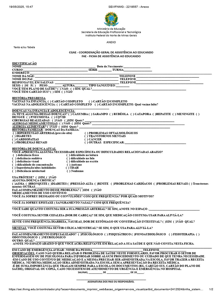 SEI - IFNMG - 2218557 - Ficha Da Saúde | PDF | Hipertensão | Vacinas
