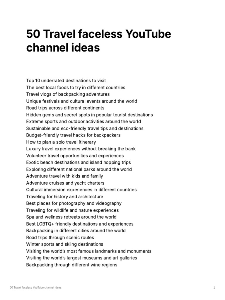 50 Travel Faceless YouTube Channel Ideas | PDF | Recreation