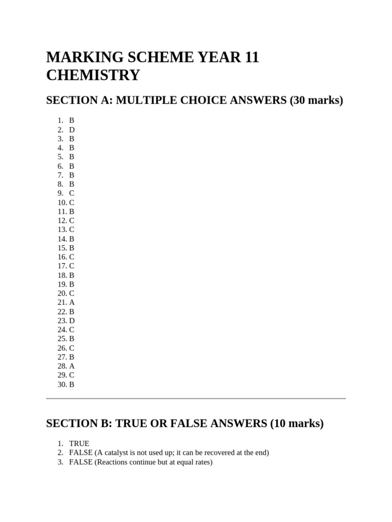 Marking Scheme Year 11 Chemistry | PDF | Chemical Equilibrium ...