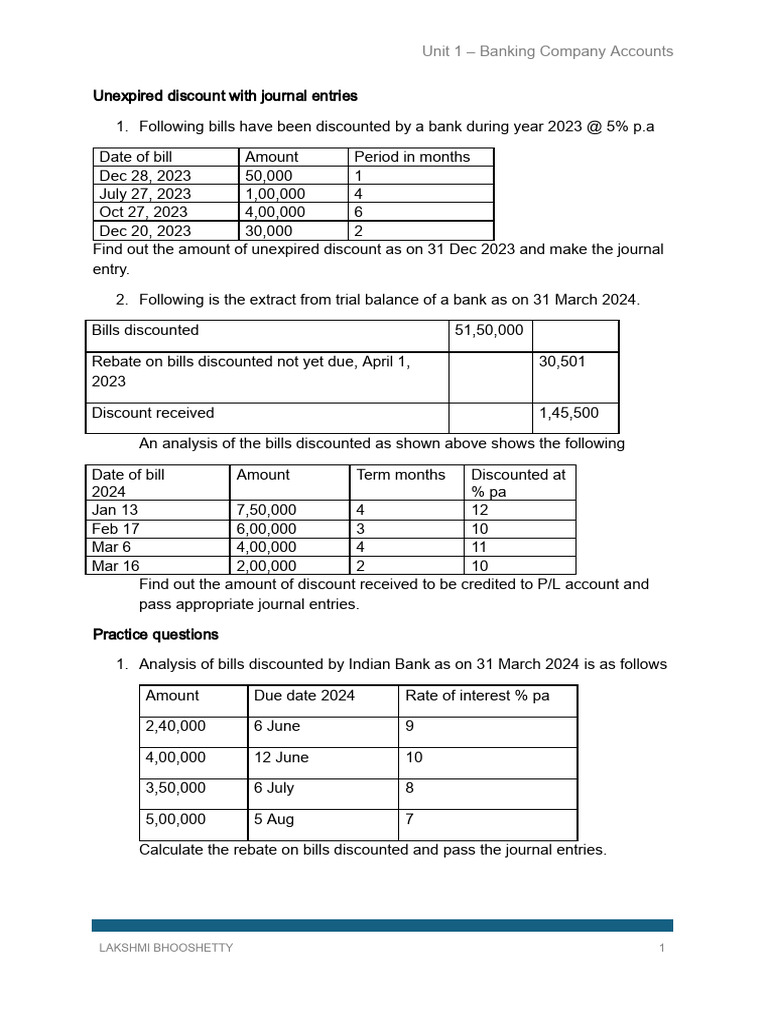 Unit 1 Banking Company Accounts - Problems Handout.docx | PDF | Banks ...