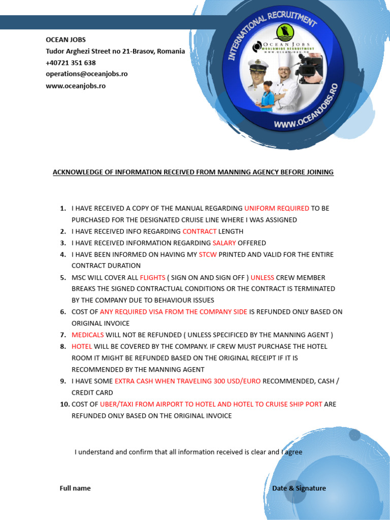 Acknowledged Information Prior Travel ( Signed by the Crew Member ) | PDF