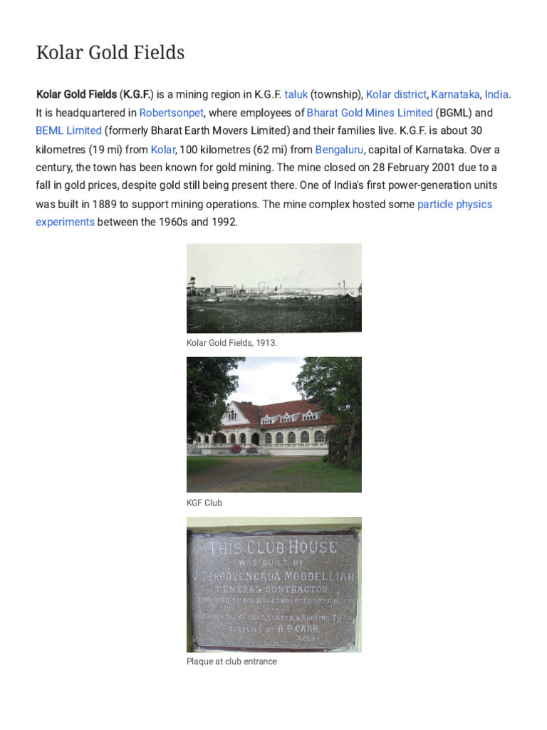 Kolar Gold Fields - Wikipedia | PDF