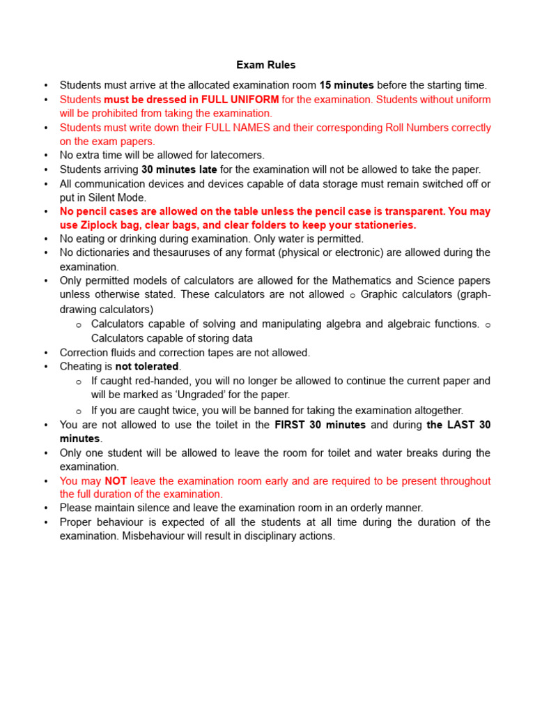 Exam Rules (Middle and High School) | PDF