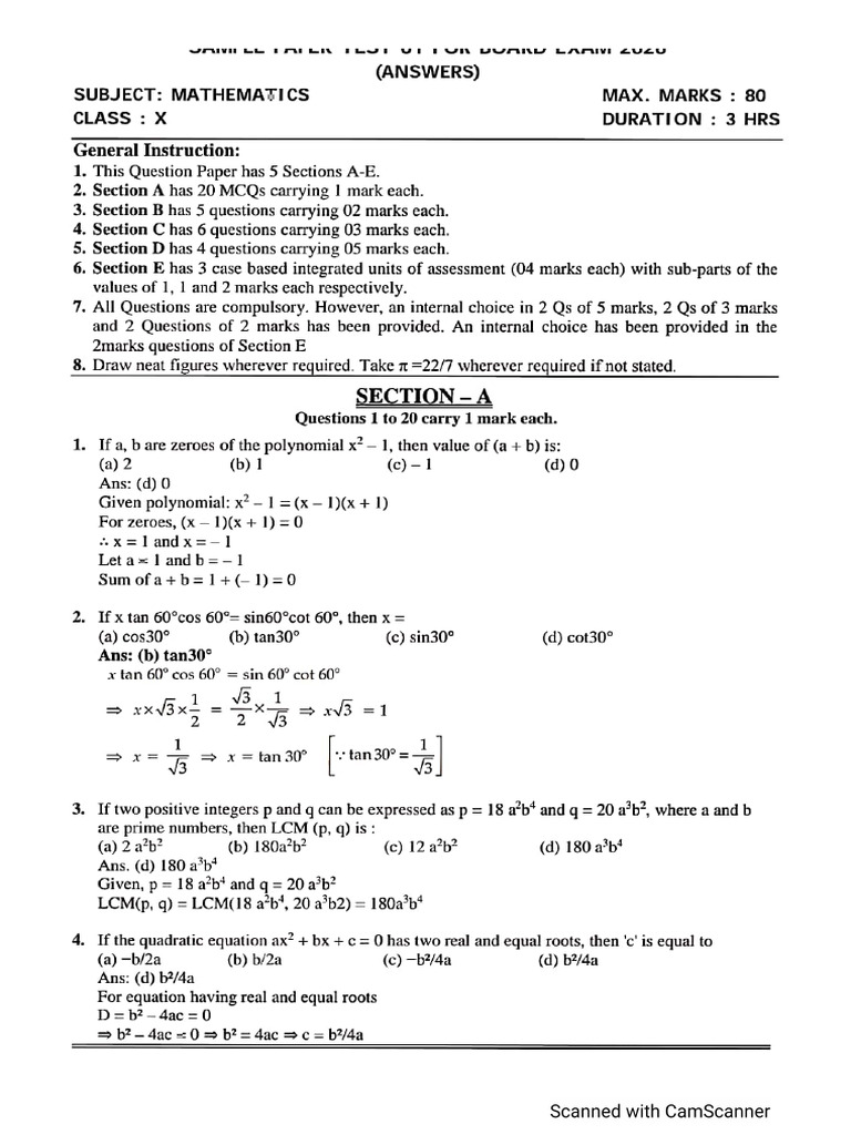 Maths Class X Sample Paper Test 01 For Board Exam 2026 Answers | PDF
