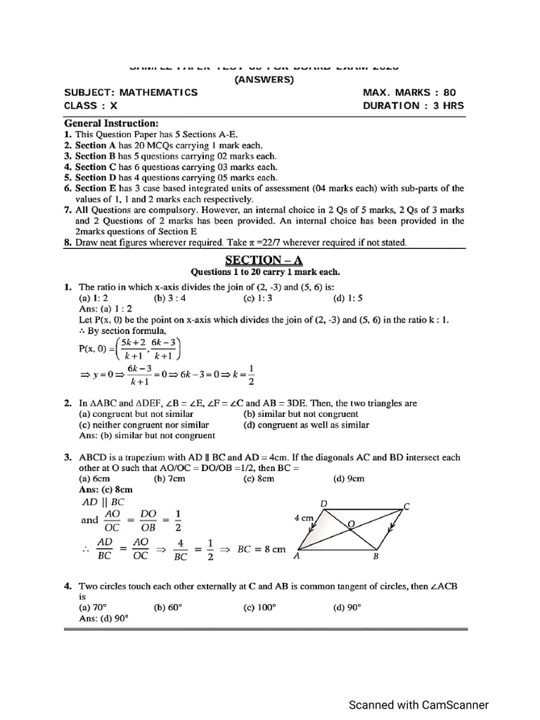 Maths Class X Sample Paper Test 05 For Board Exam 2026 Answers | PDF
