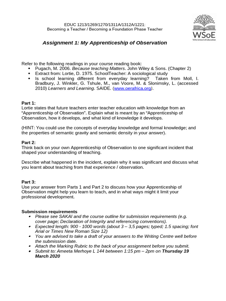 2020 ASSIGNMENT 1 My APPRENTICESHIP OF OBSERVATION | PDF | Knowledge ...