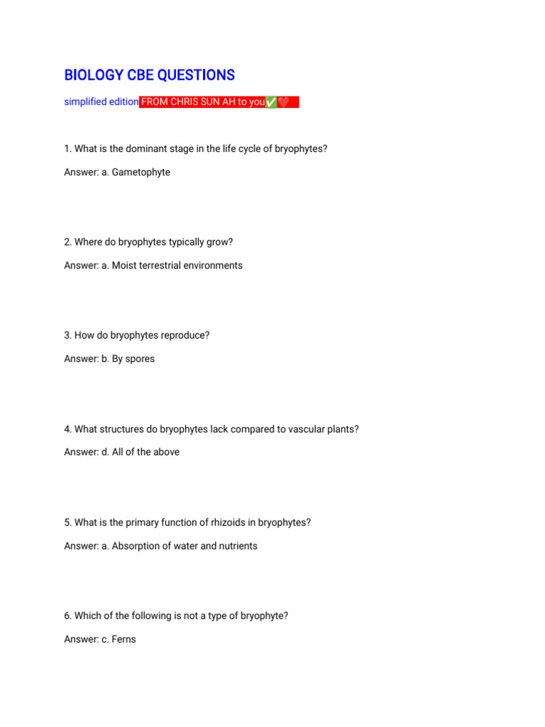 Biology c Be Questions With Answers | PDF | Sexual Reproduction | Spore