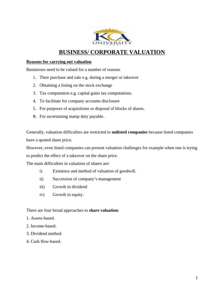 Corporate Valuation Hand Out 1 | PDF | Book Value | Valuation (Finance)