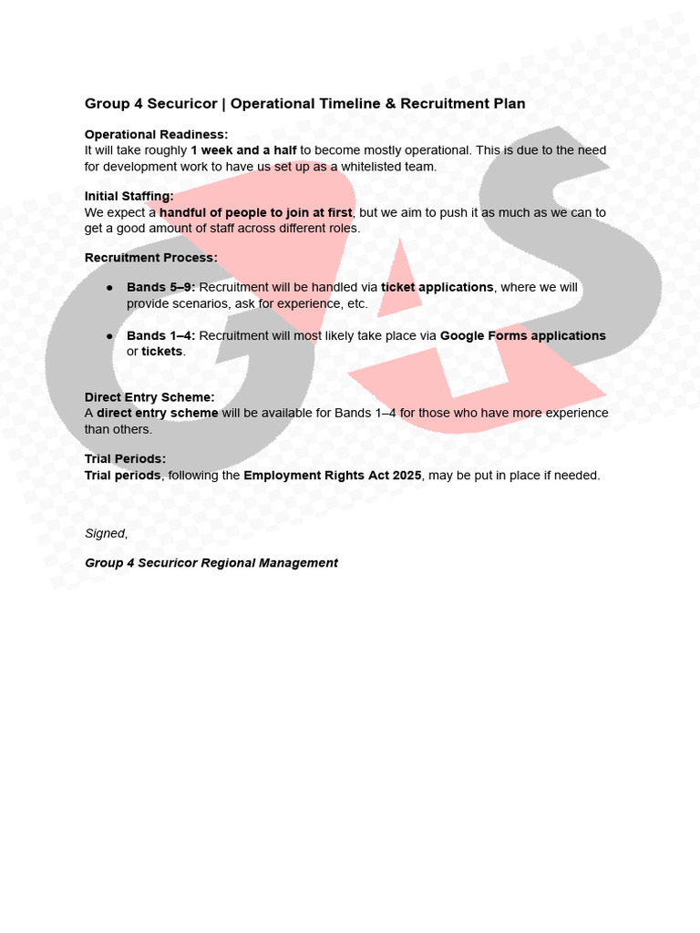 Group 4 Securicor - Operational Timeline & Recruitment Plan | PDF