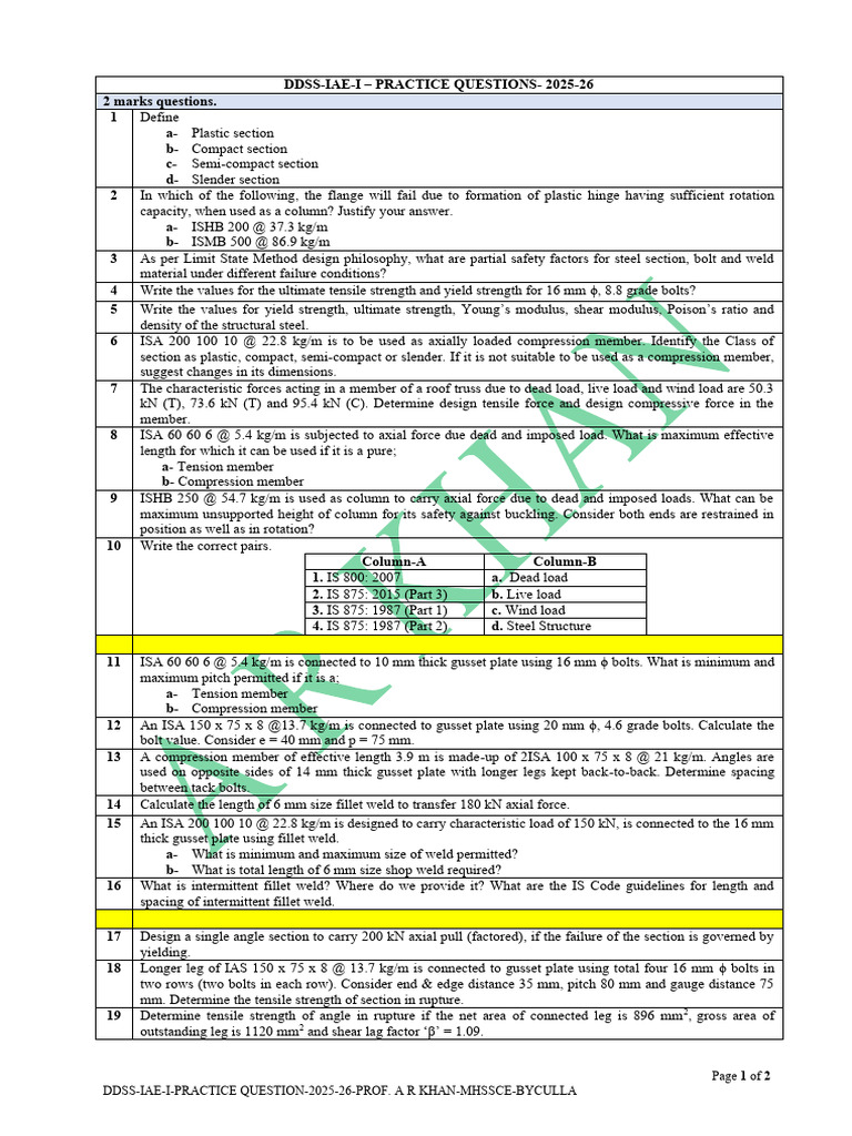 Ddss Iae I Practice Questions 2025 26 | PDF | Strength Of Materials ...