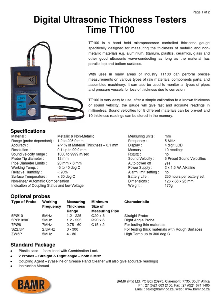 TT100 Ultrasonic Thickness Gauge PDF Sheet Metal Steel