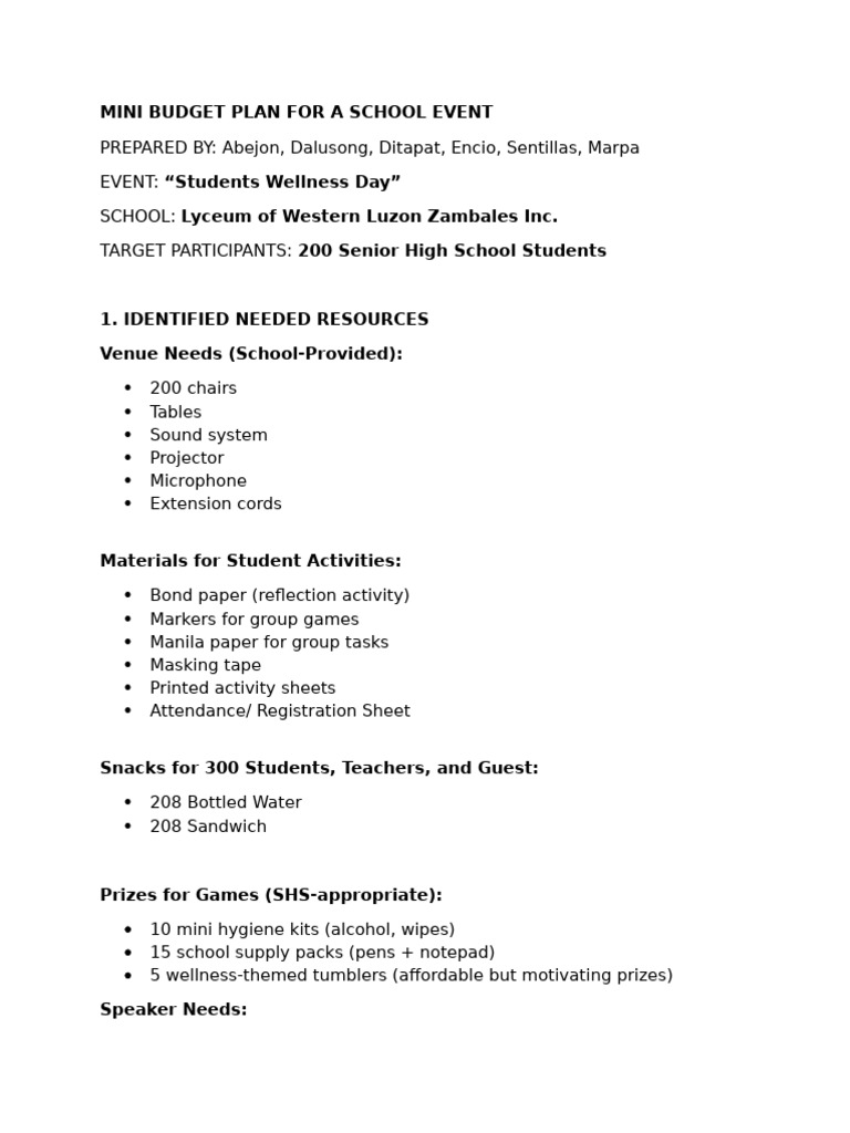 Mini Budget Plan for a School Event | PDF