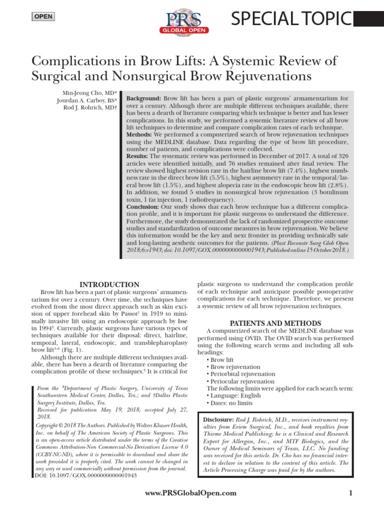 Complications in Brow Lifts a Systemic Review of Surgical and ...
