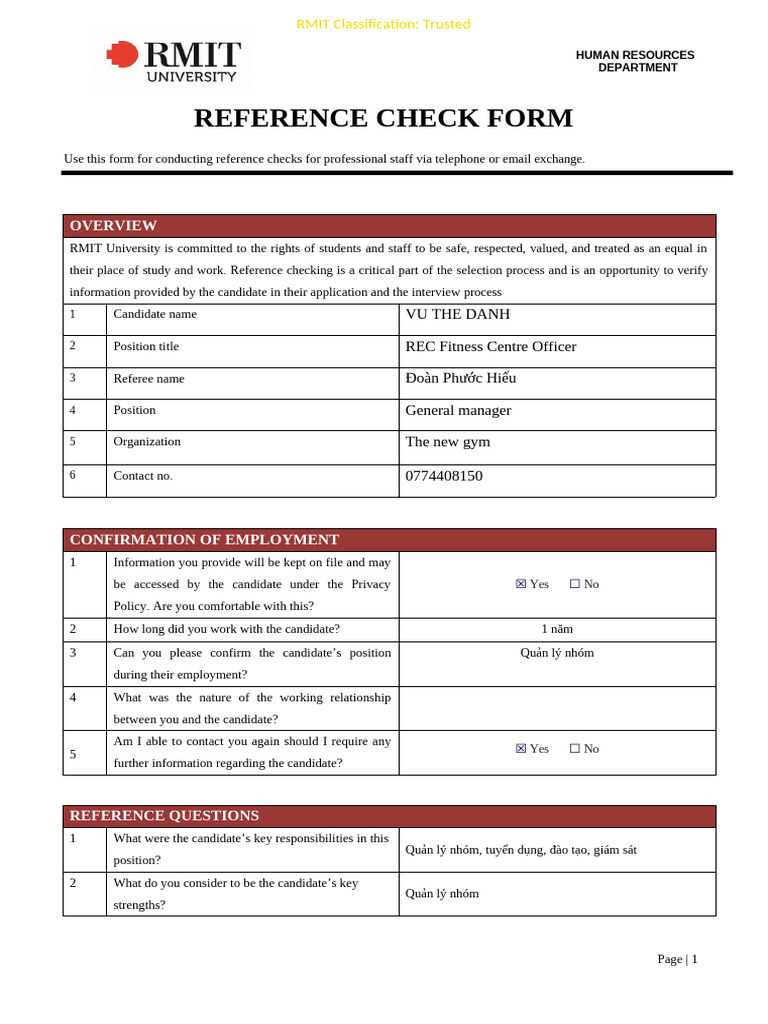 Reference Check Form - Vu The Danh - REC Fitness Centre Officer | PDF ...