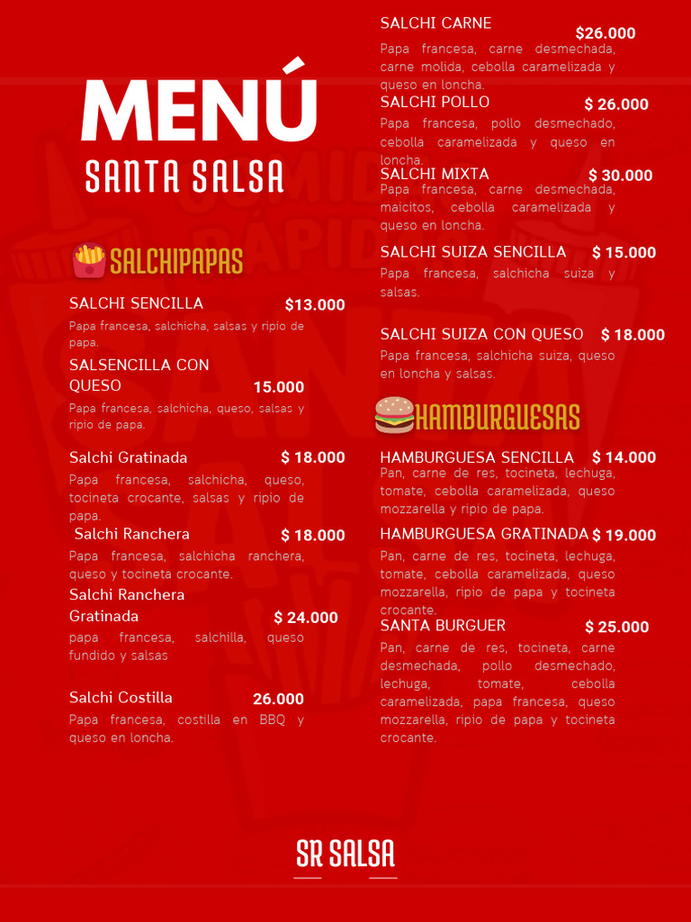 _Menú A4 Menu carta santa salsa | PDF | Hamburguesas | Salchicha