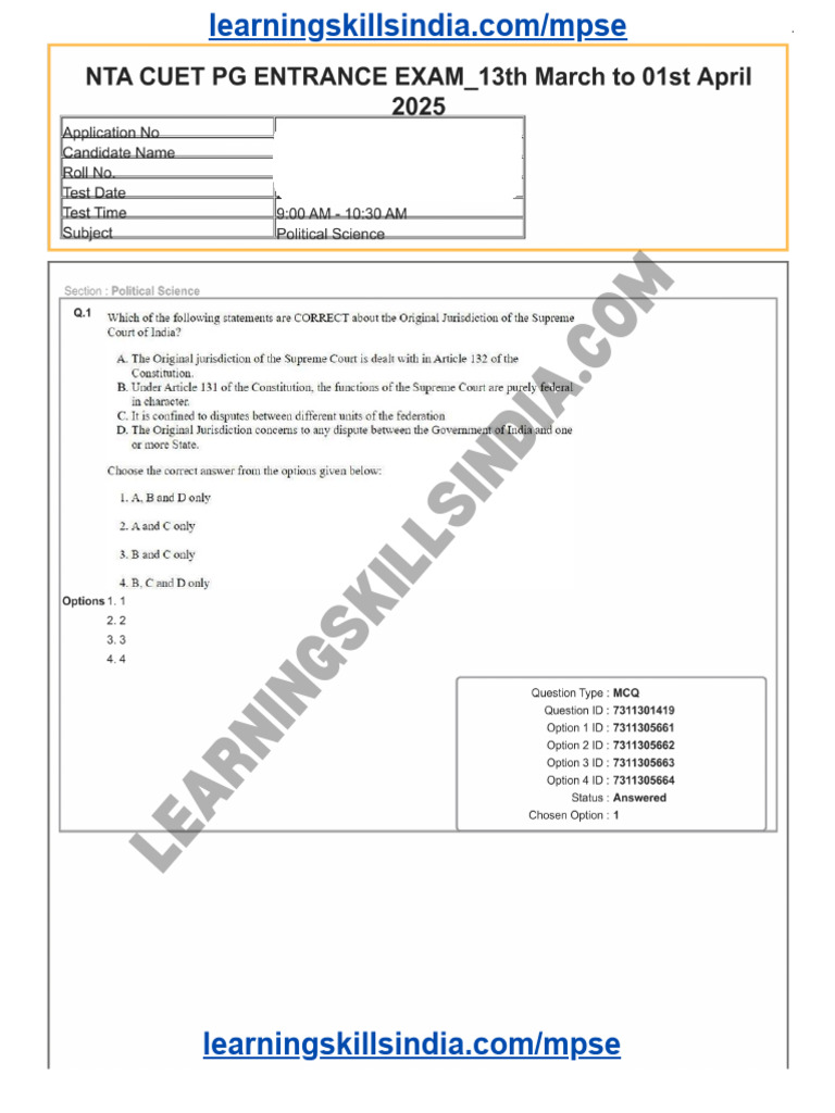 CUET PG Political Science 2025 Question Paper 1 | PDF