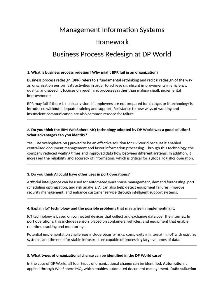 MIS Homework - Business Process Redesign at DP World | PDF | Internet ...