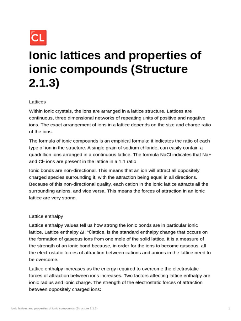Ionic lattices and properties of ionic compounds (Structure 2.1.3 ...