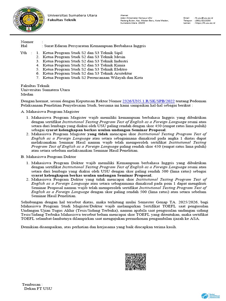 Surat Edaran s2 s3 FT Perihal TOEFL | PDF