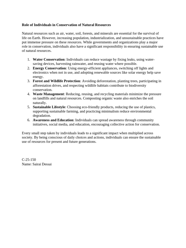 Role of Individuals in Conservation of Natural Resources | PDF