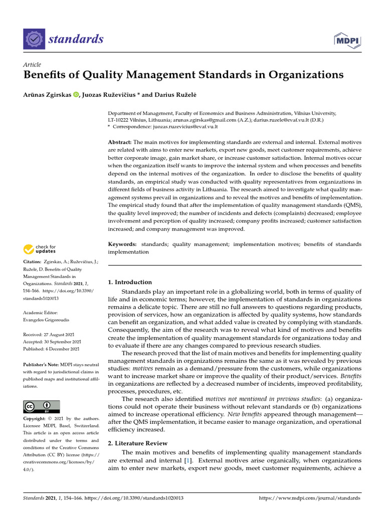Benefits of Quality Management Standards in Organizations | PDF ...